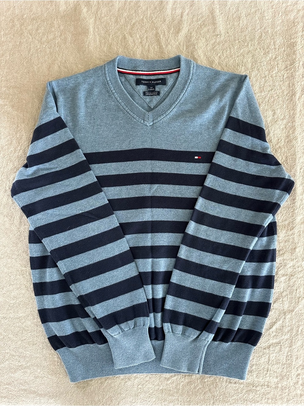 Tommy Hilfiger Light Blue and Navy Striped V-Neck Sweater
